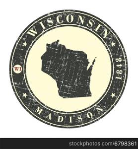 Vintage stamp with map of Wisconsin. Stylized badge with the name of the State, year of creation, the contour maps and the names abbreviations . Vector illustration
