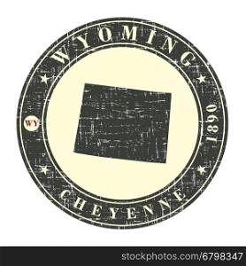 Vintage stamp with map of Wyoming. Stylized badge with the name of the State, year of creation, the contour maps and the names abbreviations . Vector illustration
