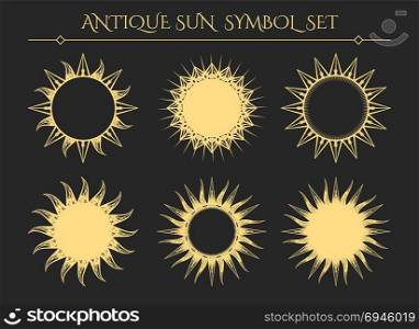Vintage starburst mystical icons. Sun symbols. Vintage starburst mystical icons or spiritual geometry star logo signs