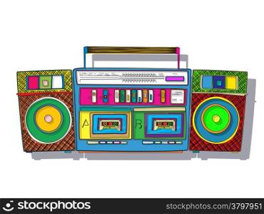Vintage stereo double tape cassette player, pop art boombox.