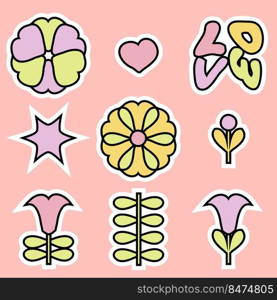 Vintage stickers collection in 1970 trendy style with flowers, leaves and text LOVE. Perfect for tee, stickers, poster, stationery. Retro groovy vector illustration for decor and design.