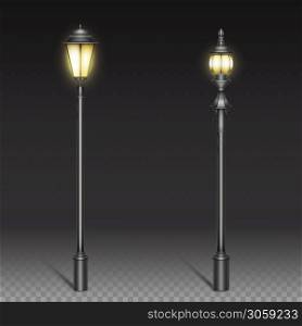 Vintage street lamps, black iron lantern on post. Vector realistic set of retro street lights, old lamps in victorian style for city road or park isolated on transparent background. Vintage street lamps, black iron lantern on post