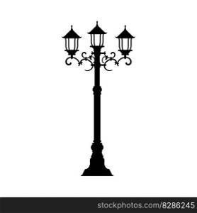 Vintage street light lantern steel l&on pole post column. Vector urban city exterior illumination object. Antique forged l&post on stand. Pole post with illumination lantern, street l&