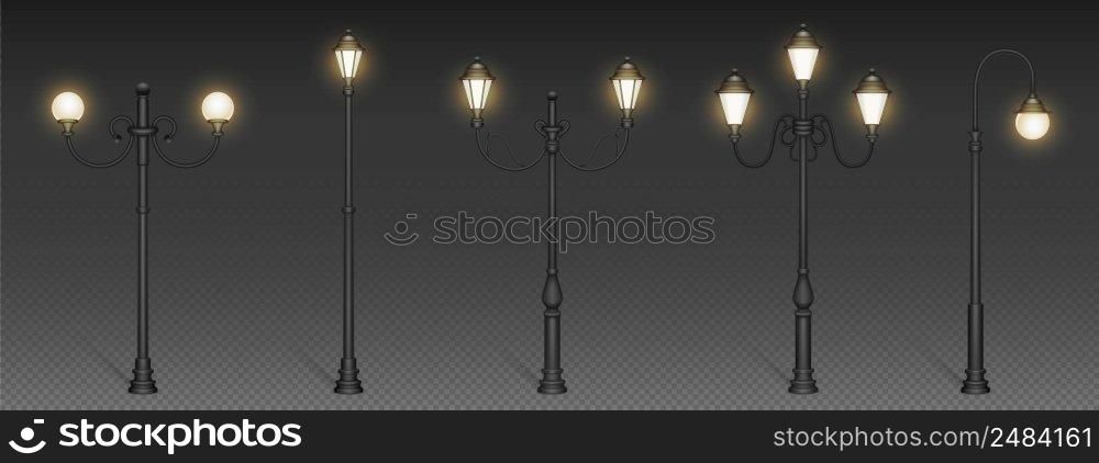 Vintage street lights, retro l&posts for urban lighting. City architecture design objects with luminous glowing l&s on steel poles isolated on transparent background Realistic 3d vector mockup set. Vintage street lights retro l&posts for lighting