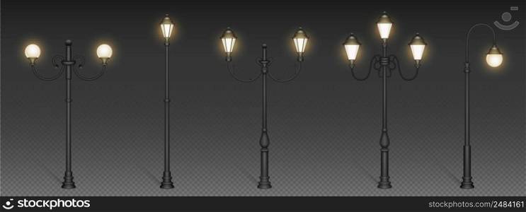 Vintage street lights, retro l&posts for urban lighting. City architecture design objects with luminous glowing l&s on steel poles isolated on transparent background Realistic 3d vector mockup set. Vintage street lights retro l&posts for lighting