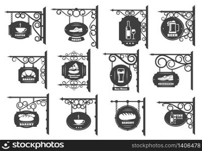 Vintage street signboards vector design. Iron shop sign boards hanging on wrought metal brackets and chains with antique forged ornaments, restaurant, store and cafe, pub or bar and bakery signages. Vintage street signboards and shop sign boards