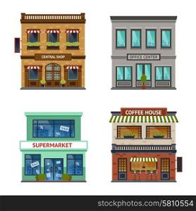 Vintage street view with office center shop coffee house and supermarket icons set abstract isolated vector illustration. Vintage shop store office set