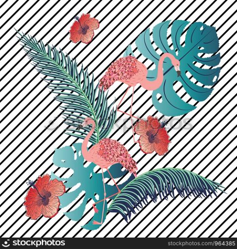 Vintage style animalistic design with pink flamingo over striped background.