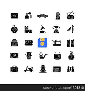 Vintage style black glyph icons set on white space. Collecting items with historical value. Retro style look. Collectable antique model. Silhouette symbols. Vector isolated illustration. Vintage style black glyph icons set on white space