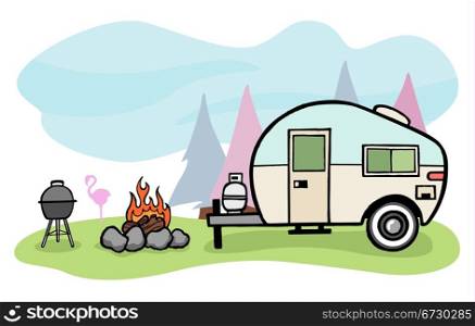 Vintage style camper trailer and camping scene