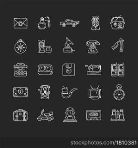 Vintage style chalk white icons set on dark background. Collecting items with historical value. Retro style look. Collectable antique model. Isolated vector chalkboard illustrations on black. Vintage style chalk white icons set on dark background