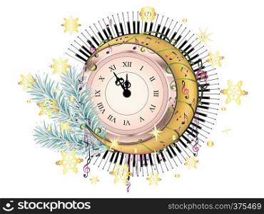 Vintage style clock with crescent moon, fir tree branch and music notes design.