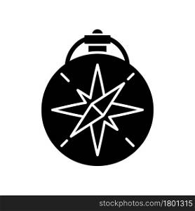 Vintage style compass black glyph icon. Antique nautical instrument. Navigation and geographic orientation at sea. Classic look item. Silhouette symbol on white space. Vector isolated illustration. Vintage style compass black glyph icon