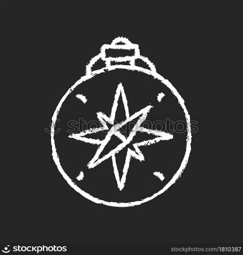 Vintage style compass chalk white icon on dark background. Antique nautical instrument. Navigation, geographic orientation at sea. Classic look item. Isolated vector chalkboard illustration on black. Vintage style compass chalk white icon on dark background
