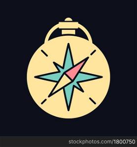 Vintage style compass RGB color icon for dark theme. Antique nautical instrument. Item for navigation. Isolated vector illustration on night mode background. Simple filled line drawing on black. Vintage style compass RGB color icon for dark theme