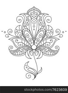 Vintage style dainty black and white floral element with flowing swirls and curlicues in a vector outline illustration