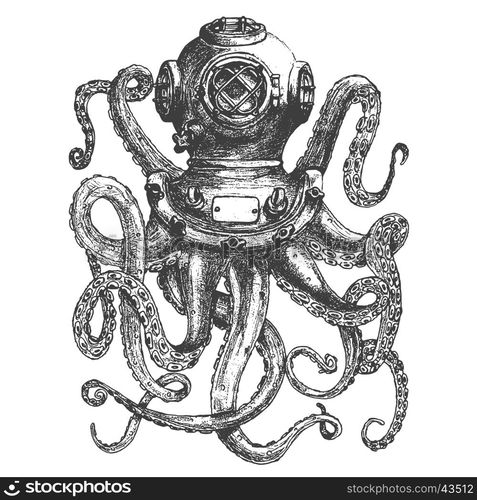 Vintage style diver helmet with octopus tentacles isolated on white background. Design element for poster, t-shirt print. Vector illustration.