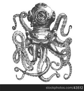 Vintage style diver helmet with octopus tentacles isolated on white background. Design element for poster, t-shirt print. Vector illustration.