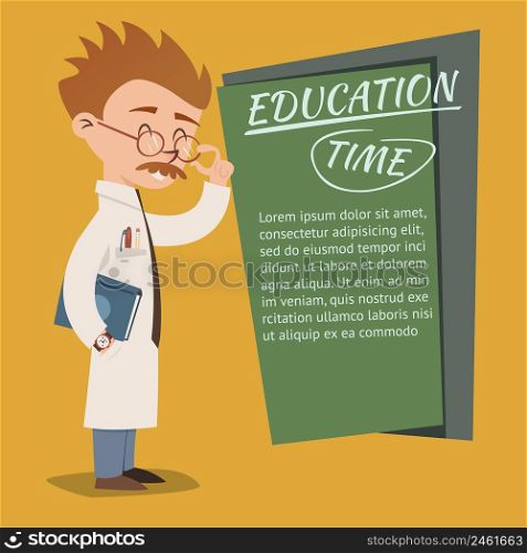 Vintage style Education Time poster vector design with an eccentric nerdy professor wearing glasses teaching on a school or college blackboard with copyspace for text