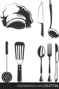 Vintage style elements for restaurant labels, badges, emblems, logos. Vintage style elements for restaurant labels, badges, emblems, logos. Element kitchen spoon and fork for logo, knife and utensil drawing for label and logo. Vector illustration