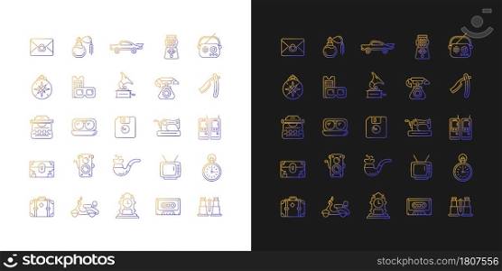 Vintage style gradient icons set for dark and light mode. Collecting items with historical value. Thin line contour symbols bundle. Isolated vector outline illustrations collection on black and white. Vintage style gradient icons set for dark and light mode