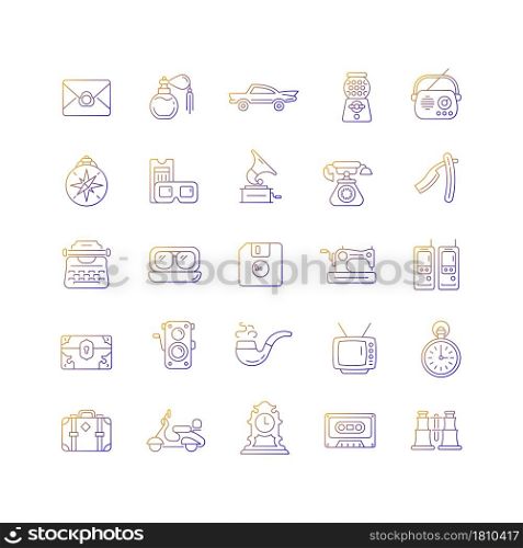 Vintage style gradient linear vector icons set. Collecting items with historical value. Collectable antique model. Thin line contour symbols bundle. Isolated outline illustrations collection. Vintage style gradient linear vector icons set