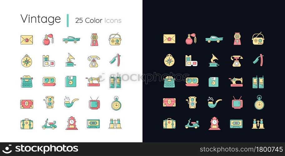 Vintage style light and dark theme RGB color icons set. Collecting items with historical value. Isolated vector illustrations on white and black space. Simple filled line drawings pack. Vintage style light and dark theme RGB color icons set