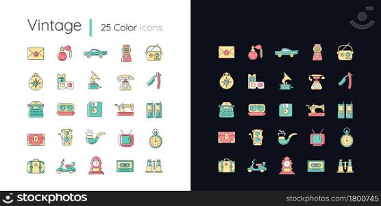 Vintage style light and dark theme RGB color icons set. Collecting items with historical value. Isolated vector illustrations on white and black space. Simple filled line drawings pack. Vintage style light and dark theme RGB color icons set