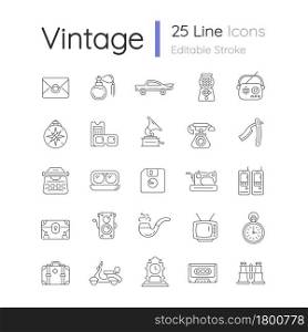 Vintage style linear icons set. Collecting items with historical value. Collectable antique model. Customizable thin line contour symbols. Isolated vector outline illustrations. Editable stroke. Vintage style linear icons set