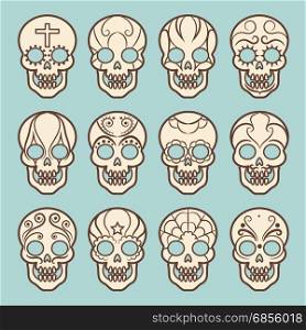 Vintage style mexican skull set. Vintage style mexican skull set on blue backdrop, vector illustration