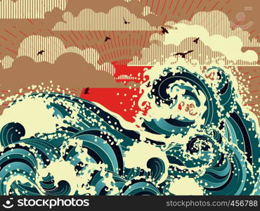 Vintage style poster with sea or ocean waves and sun.