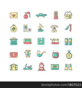 Vintage style RGB color icons set. Collecting items with historical value. Retro style look. Collectable antique model. Isolated vector illustrations. Simple filled line drawings collection. Vintage style RGB color icons set
