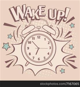 Vintage style wake up poster with alarm clock and decorative elements, vector illustration. Vintage alarm wake up poster