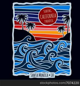 Vintage summer california surfing t shirt print design vector illustration. T-shirt with beach and palm tropical. Vintage summer california surfing t shirt print design vector illustration