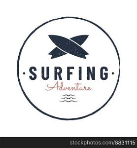 Vintage surfboard logo,surfing on summer beach.For business,badge,holiday, ,label,emblem.