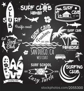 Vintage Surfing Graphics and emblems for web design or print. Vector illustration.. Set of retro vintage badges and labels.