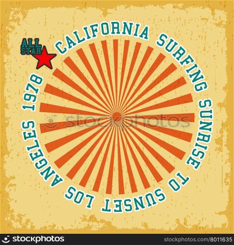 Vintage surfing poster. T-shirt print design. Vintage california surfing poster. Printing and badge applique label t-shirts. Vector illustration.