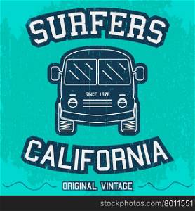 Vintage surfing poster. T-shirt print design. Vintage surfing bus poster. Vector illustration.