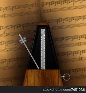 Vintage swinging metronome on page of music notebook background realistic vector illustration