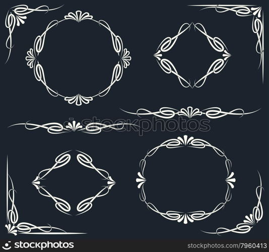 Vintage swirl design elements set. Dividers corners and frames. Isolated on dark background.