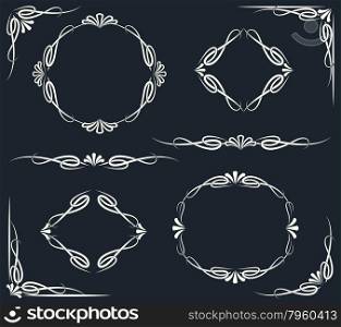 Vintage swirl design elements set. Dividers corners and frames. Isolated on dark background.