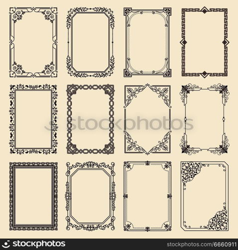 Vintage swirly black and white elegant frames set isolated cartoon flat vector illustrations on white background. Ancient frameworks for photo.. Vintage Swirly Black and White Elegant Frames Set