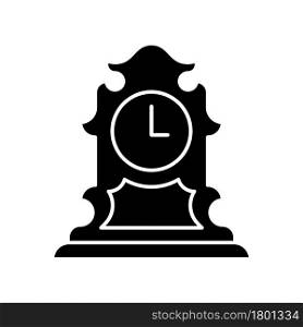 Vintage tabletop clock black glyph icon. Antique table clock. Collectible rare item. Retro timepiece. Fashionable mechanical accessory. Silhouette symbol on white space. Vector isolated illustration. Vintage tabletop clock black glyph icon