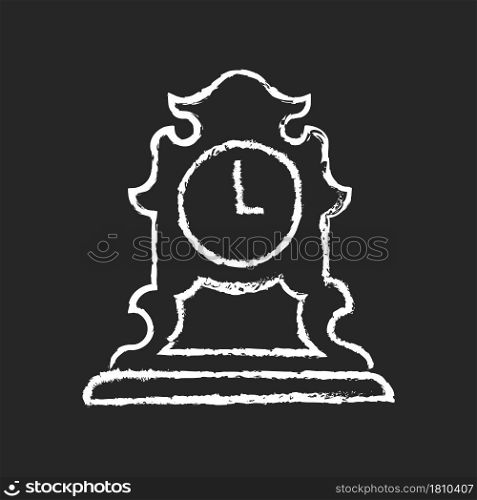 Vintage tabletop clock chalk white icon on dark background. Antique table clock. Collectible item. Retro timepiece. Fashionable mechanical accessory. Isolated vector chalkboard illustration on black. Vintage tabletop clock chalk white icon on dark background