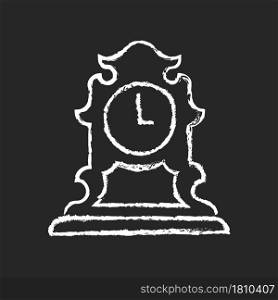Vintage tabletop clock chalk white icon on dark background. Antique table clock. Collectible item. Retro timepiece. Fashionable mechanical accessory. Isolated vector chalkboard illustration on black. Vintage tabletop clock chalk white icon on dark background