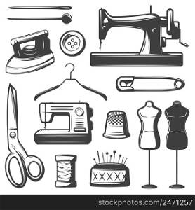 Vintage tailor elements set with professional equipment tools accessories and objects isolated vector illustration. Vintage Tailor Elements Set