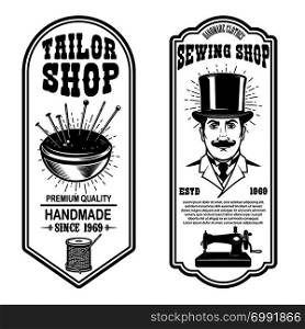 Vintage tailor shop flyer templates. sew, tailor tools. Design elements for logo, label, sign, badge. Vector illustration