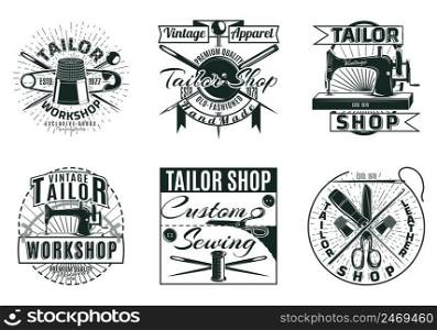 Vintage tailor workshop labels set with inscriptions accessories tools and equipment in monochrome style isolated vector illustration. Vintage Tailor Workshop Labels Set