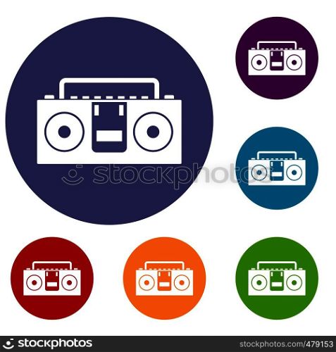 Vintage tape recorder for audio cassettes icons set in flat circle red, blue and green color for web. Vintage tape recorder icons set
