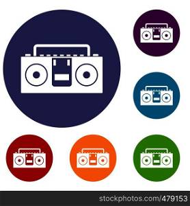 Vintage tape recorder for audio cassettes icons set in flat circle red, blue and green color for web. Vintage tape recorder icons set